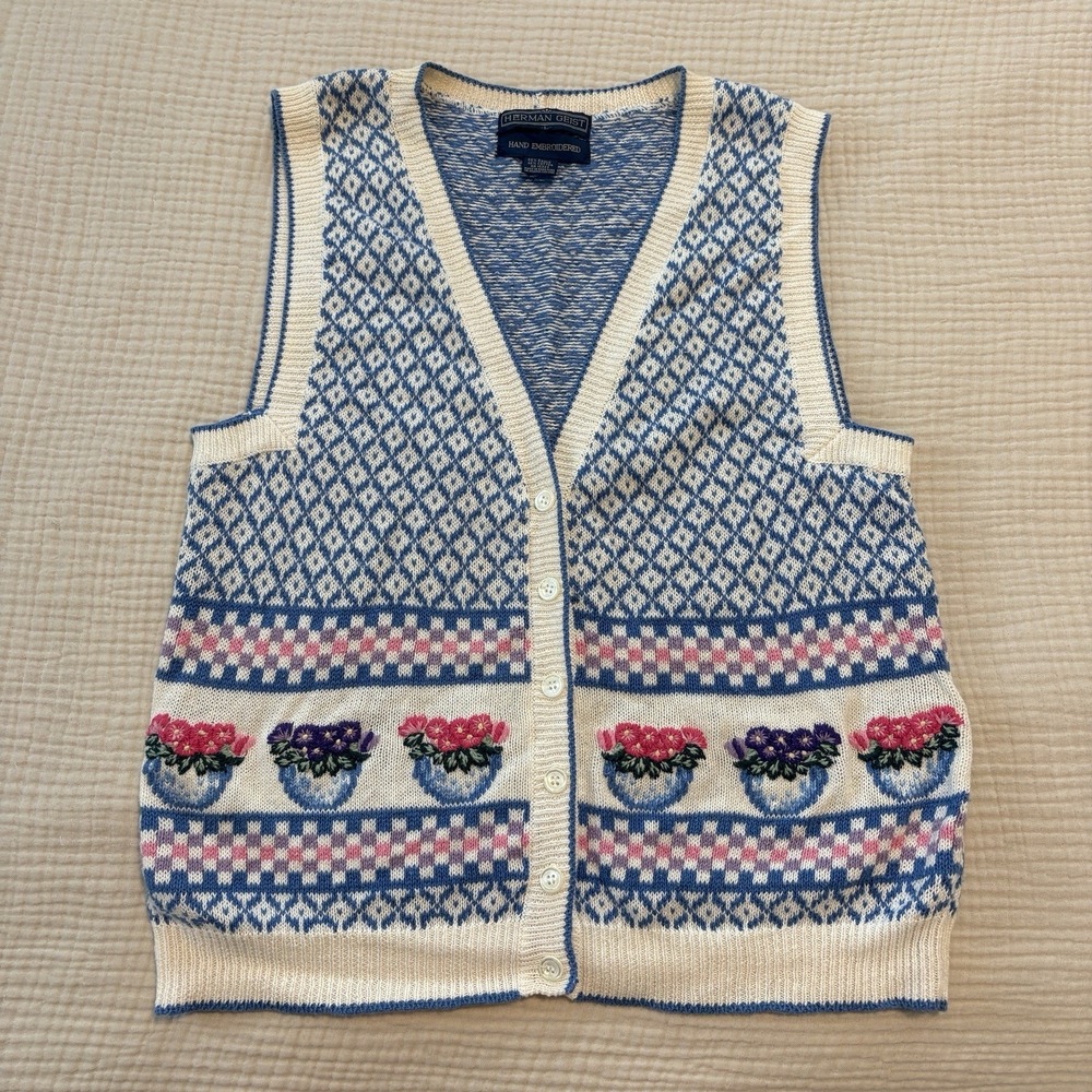 VTG Herman Geist Hand Embroidered Flower Large Knit Sweater Vest Cottagecore